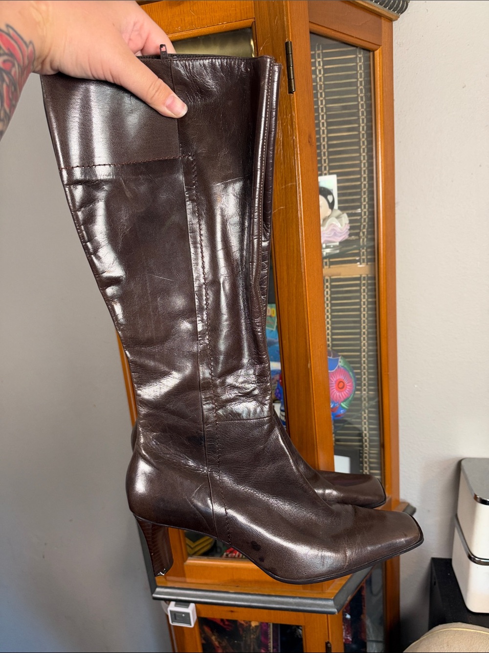 Nine West Dark Brown Knee-High Leather Heeled Boots